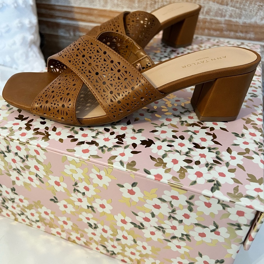 Brown slide sandals, Ann Taylor Factory